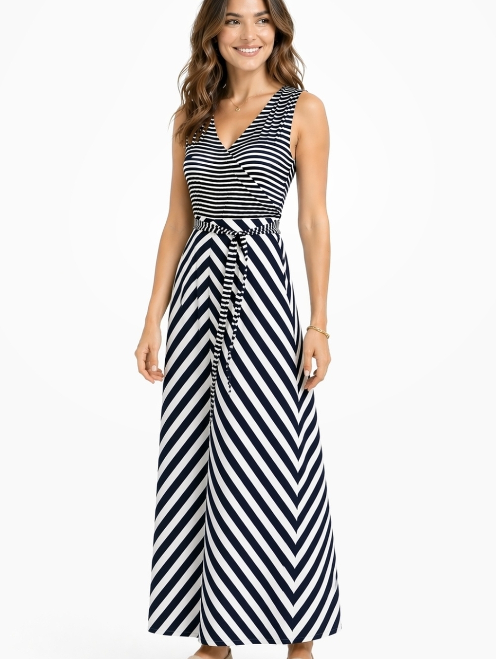 Talbots Navy & White Striped Maxi Dress Preppy Pullover Sleeveless  M
